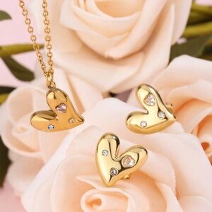 Gold Heart Pendant Necklace and Earrings Set